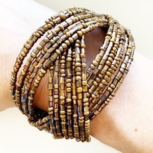 Boho brown & bronze braided beads cuff bracelet